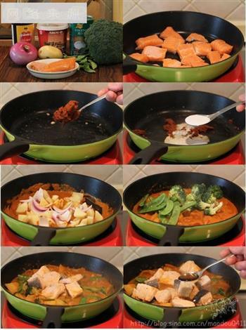 红咖喱杂蔬三文鱼的做法图解3