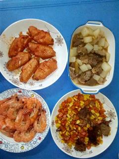 牛腩闷萝卜+麻辣鸡翅+盐水虾+玉米胡萝卜闷烤鸭
